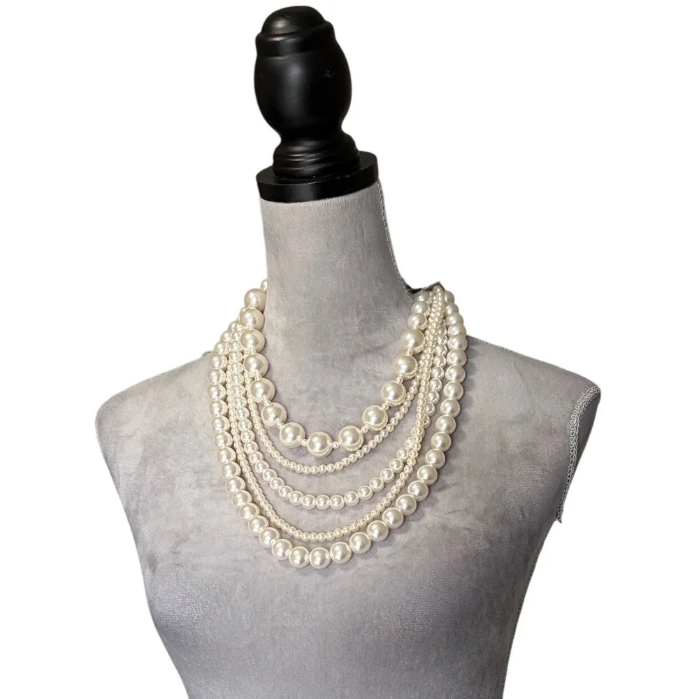 NEW New York & Company Faux Pearl Multi Strand Layered Statement Necklace White